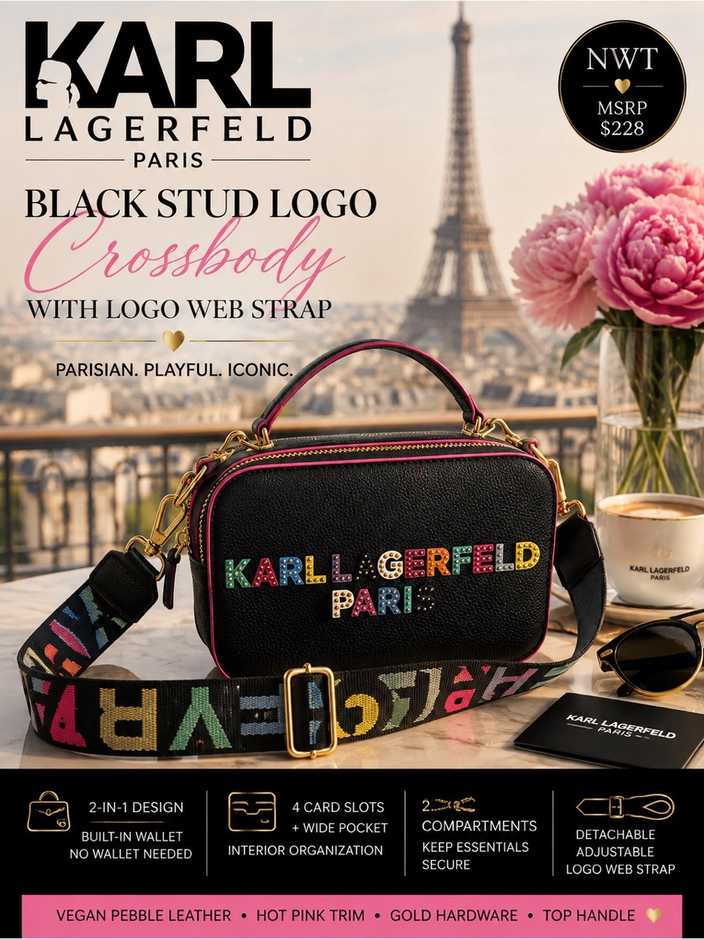 Karl Lagerfeld  Black Stud Logo Crossbody  with‎ Logo Web Strap NEW | MSRP $228
